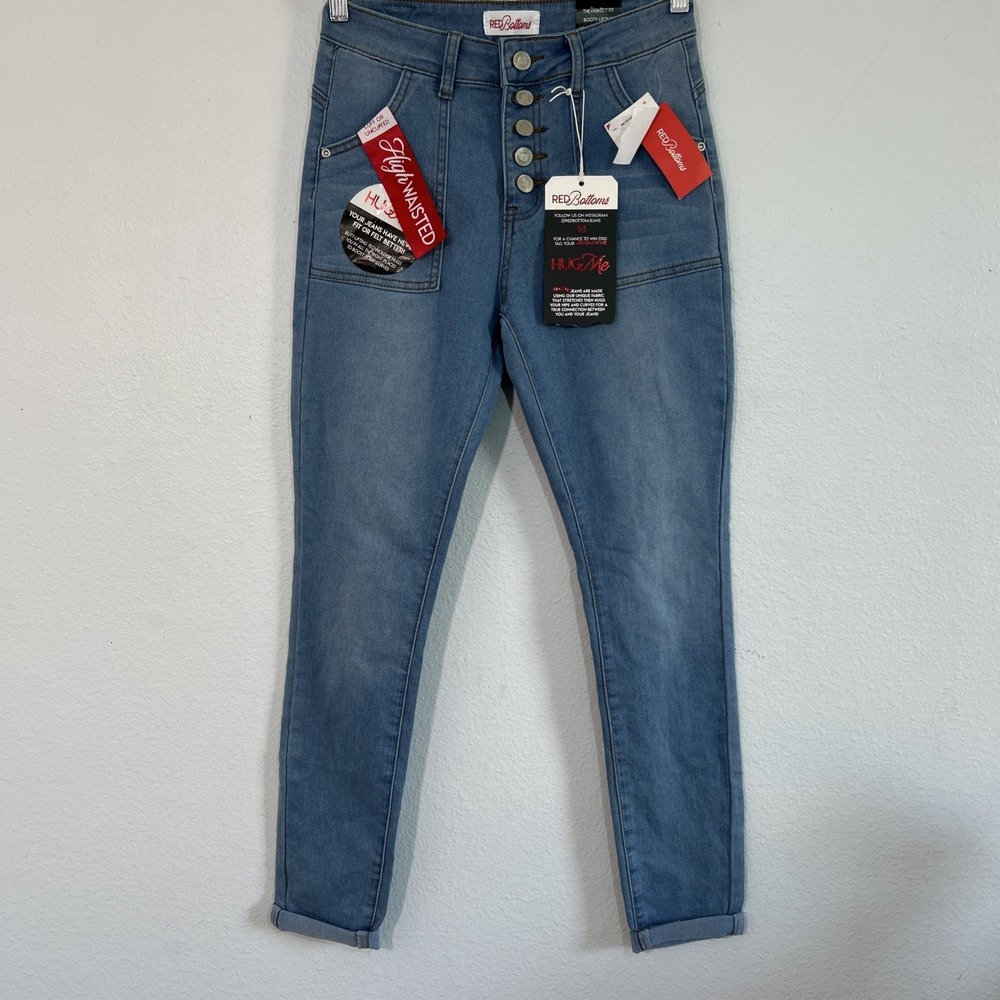 Red Bottoms Skinny Jeans Women 7/28 Blue Denim Button Fly Booty Lift Y2K Stretch - Picture 1 of 7
